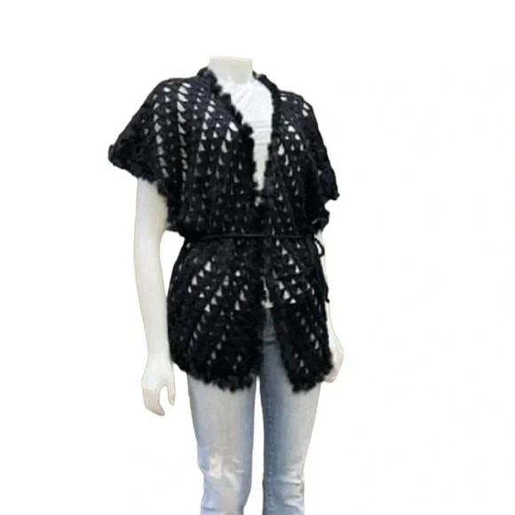 La Cite Rabbit Fur Wool Black Open Short Sleeve Cardigan Size Large - Picture 7 of 11